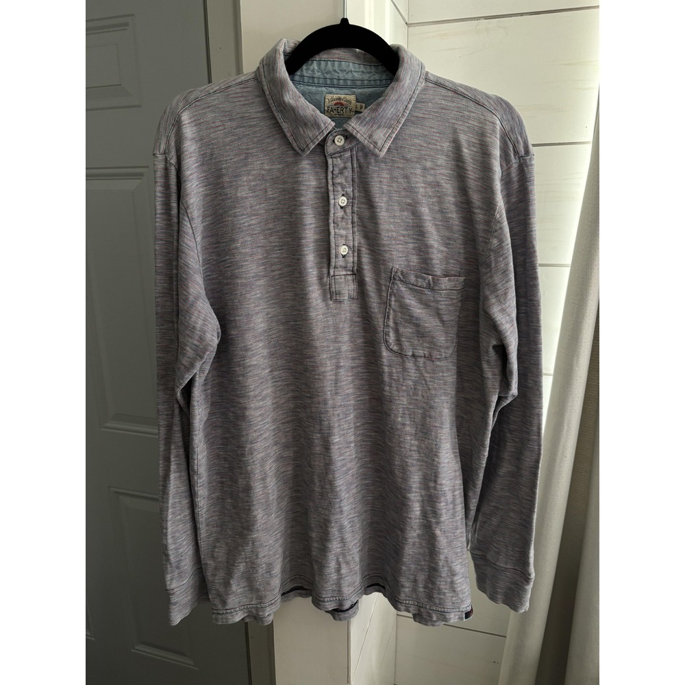 Faherty Shirt Mens Large Blue Red Stripe Long Sleeve Polo Pocket Cotton Casual